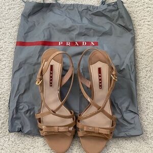 Prada Sport Nude Patent Leather Bow Wedge Sandals, Size 39/8.5, w/Dust Bag